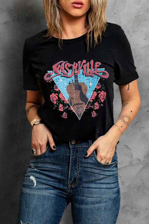 Black Guitar Flower Letter Graphic Print Short Sleeve T Shirt